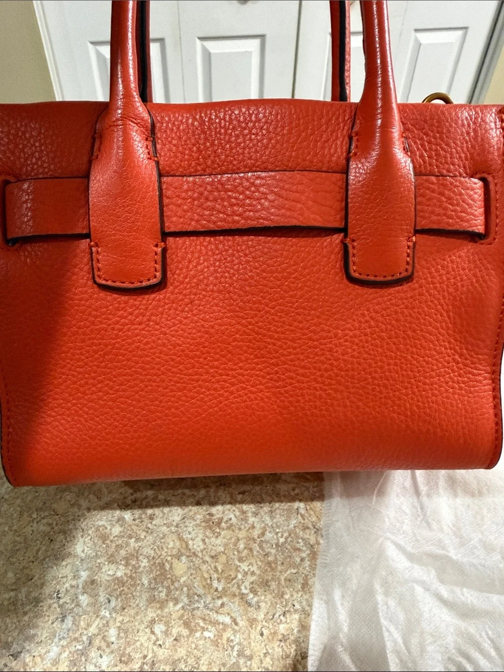 Tory Burch Orange Leather Top-Handle Satchel w/ Gold Hardware & crossbody strap.
